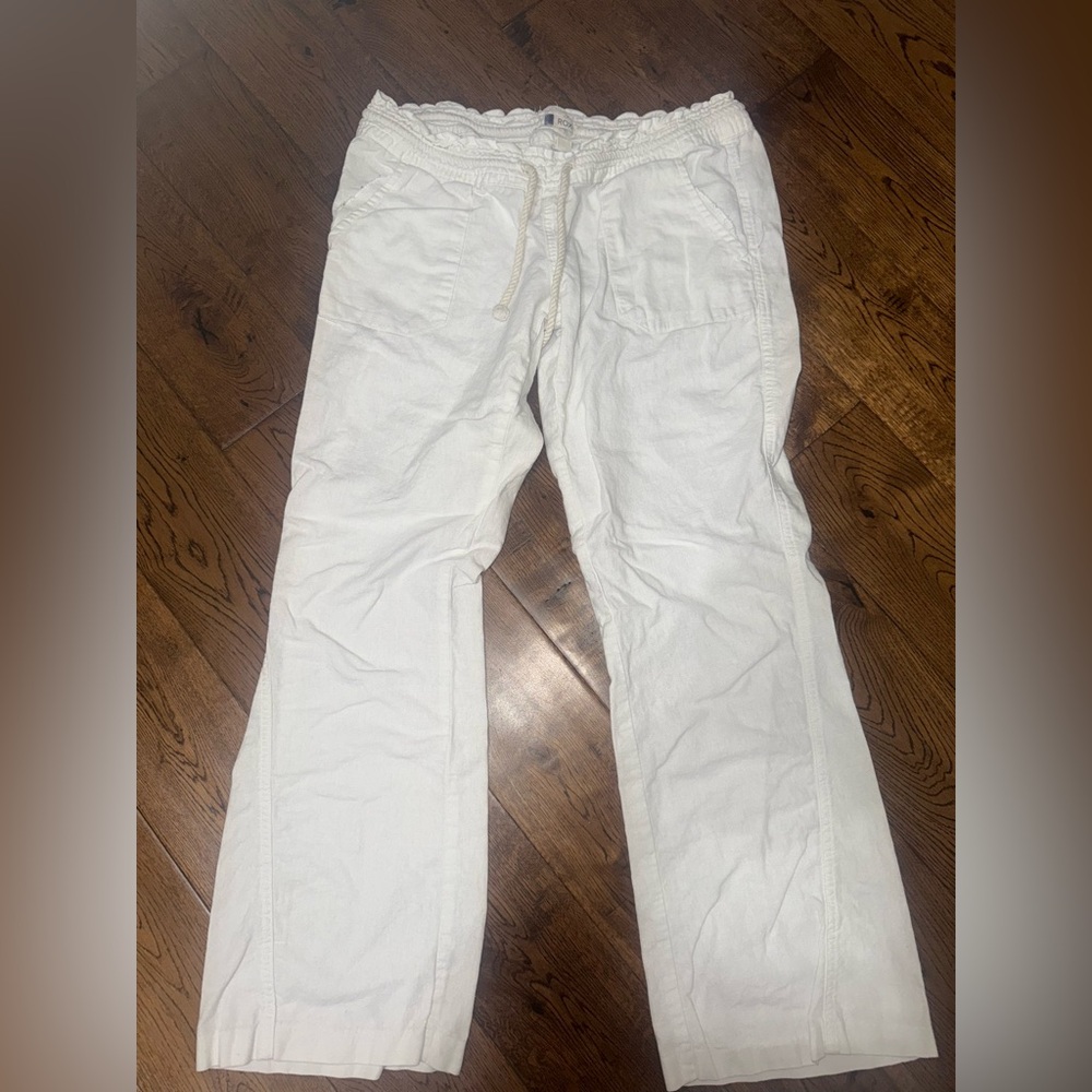 Roxy Womens Oceanside Flared Linen Blend White Drawstring Pant Size Large - Picture 3 of 6